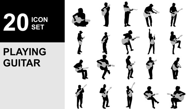 set of Silhouette musician plays the guitar on a white background, silhouette people playing guitar, editable