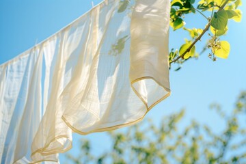 Freshly laundered curtains drying on a line outdoors in the sunshine.