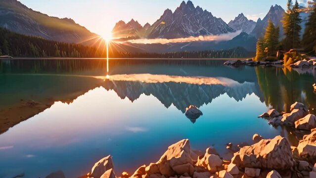 Beautiful sunrise over Strbske Pleso lake, Slovakia, Impressive summer sunrise on Eibsee lake with Zugspitze mountain range, AI Generated