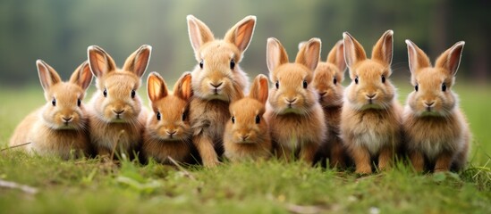 A group of rabbits can be seen standing next to each other on a vibrant green field. The rabbits appear alert and are surrounded by lush vegetation. - obrazy, fototapety, plakaty