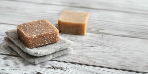 Two natural exfoliating soap bars on a steel wool pad, on a white wooden background.
