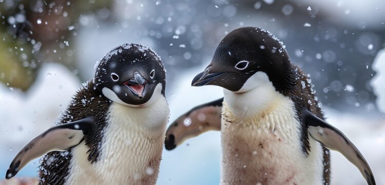 A charming HD image capturing the lively interaction of Adelie penguins, their expressive gestures and animated chatter creating a delightful scene against the icy backdrop of Antarctica.
