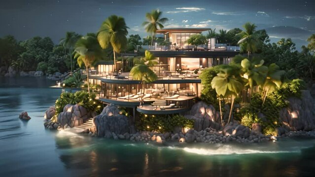 3D rendering of a luxury villa on the water at night, Island in the middle of the ocean with an extremely luxurious black and pastel walled villa surrounding a huge jungle at night, AI Generated