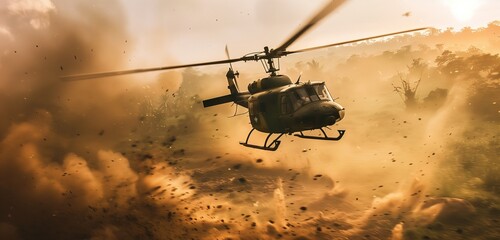 An intense and realistic HD image capturing a military helicopter in action, showcasing its powerful rotor blades cutting through the air against a dramatic sky backdrop.