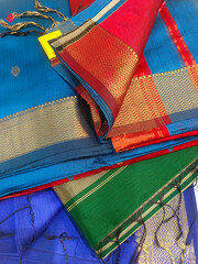 Handmade Indian sari, saree with golden details, woman wear on festival, ceremony and weddings, expensive sarees are famous for their gold and silver zari, Incredible India.