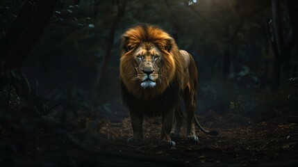 Majestic Lion in Spotlight at Dark Forest.