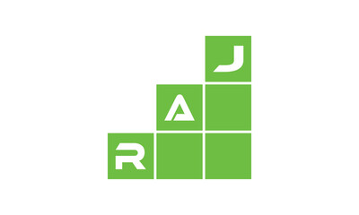 RAJ initial letter financial logo design vector template. economics, growth, meter, range, profit, loan, graph, finance, benefits, economic, increase, arrow up, grade, grew up, topper, company, scale