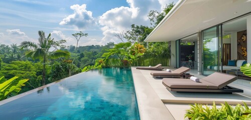 An exquisite high-resolution image showcasing the exterior of a modern cubic villa, surrounded by a...