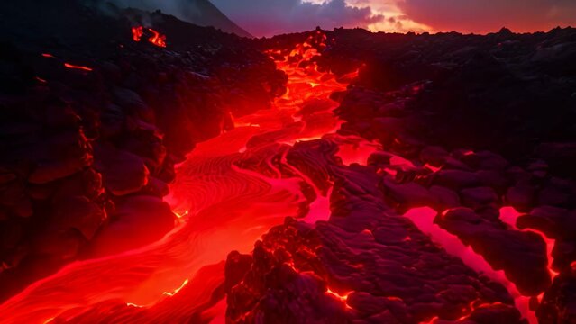 Volcanic landscape of Etna volcano at sunrise, Sicily, Italy, lava flowing lava into a mountain, AI Generated