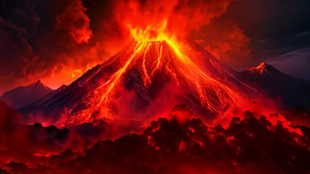 Volcano eruption at night, 3d render. Beautiful volcanic landscape, lava flowing lava into a mountain, AI Generated