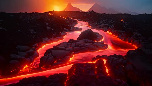Volcanic landscape at sunset. 3D illustration. Fantasy nature, lava flowing lava into a mountain, AI Generated