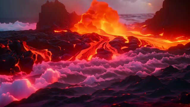 3D illustration of a lava flow flowing into the sea at sunset, Lava is entering the ocean with many small flows, AI Generated