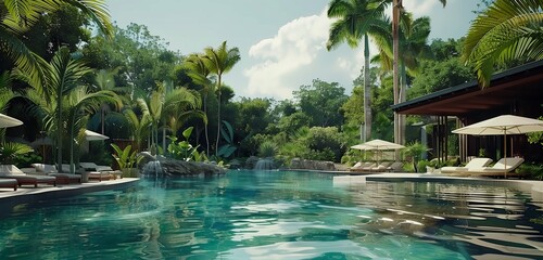 An exquisite high-resolution image showcasing the exterior of a modern cubic villa, surrounded by a beautifully landscaped garden, with a sleek swimming pool mirroring the sunset.