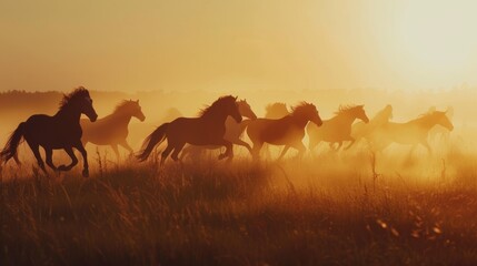 Fototapeta na wymiar Free Spirit: Herd of Horses Galloping at Sunrise