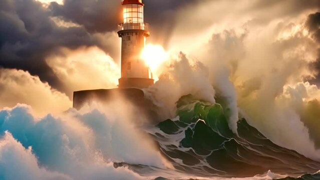Stormy sea with big waves and lighthouse. 3d render illustration, lighthouse hit by massive wave, AI Generated