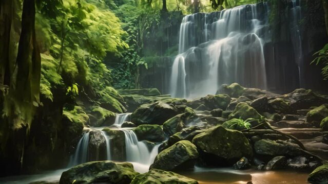 Beautiful waterfall in deep forest at Doi Inthanon National Park, Thailand, Long exposure of a waterfall in the jungle, Khao Yai National Park, Thailand, AI Generated
