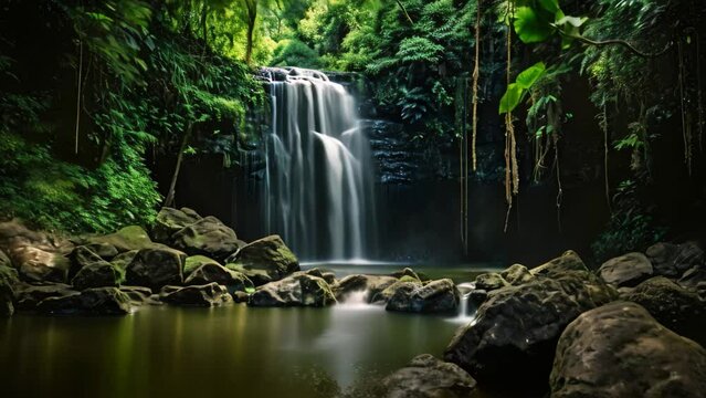 Tropical waterfall in the rainforest, long exposure photo, Long exposure of a waterfall in the jungle, Khao Yai National Park, Thailand, AI Generated