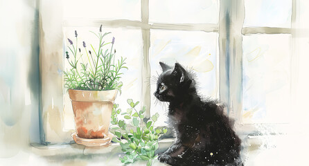 Cute blak kitten nibbling on a plant in a pot. Herb  near window. Banner