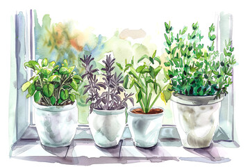 Garden near window. Watercolor horizontal illustration. Plants in pot