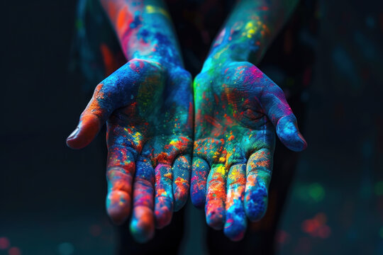 
Outstretched Hands Covered in Vibrant Fluorescent Paint Illuminated by Black Light
