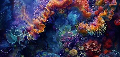 An enchanting high-resolution image of a lively underwater scene, where a dazzling array of colorful fish gracefully navigate among vibrant corals.