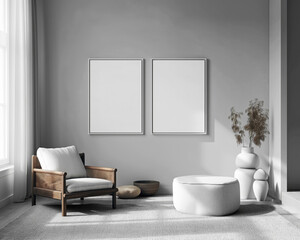 Frame mockup, single vertical, blank poster frame on the wall of the living room. Scandinavian modern interior design. Artwork mockup with armchair