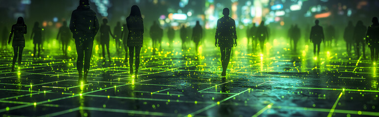 Digital Footprint of Society: People Walking on a Glowing Circuit Grid Illustrating Living in a Matrix