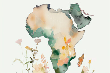 Watercolor illustration of Africa map on white background. With small flowers and plants