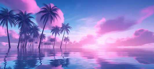 Naklejka premium the purple beach, with silver-pink palm trees, sky blue, Realistic photograph, ai generative