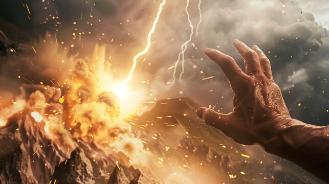 A muscular hand in the close foreground throwing a lightning bolt into a mountain in the background and blowing it to smithereens