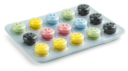 pill tab packaging, the pills are colored smiley face circle pills