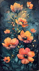 Orange flowers and foliage with a mystical overlay of a starry night sky and nebulous textures. Watercolor dark. Ethereal Flowers against a Starry Sky Background. universe with cute florals blooming.