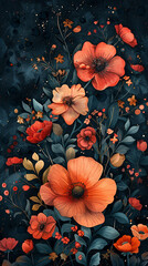 Orange flowers and foliage with a mystical overlay of a starry night sky and nebulous textures. Watercolor dark. Ethereal Flowers against a Starry Sky Background. universe with cute florals blooming.