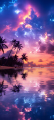 the purple beach, with silver-pink palm trees, sky blue, Realistic photograph, ai generative