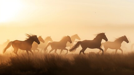 Fototapeta na wymiar Majestic Horses Galloping Across Meadow at Dawn