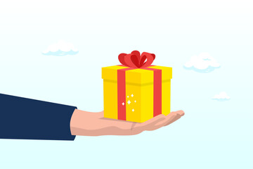 Hand giving gift box with ribbon, gift reward program, bonus or surprise present for customer, employee reward or lucky prize, birthday gift box or festive incentive, special loyalty program (Vector)