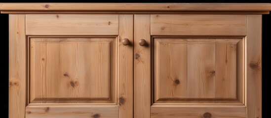 A detailed view of a sideboard cabinet constructed from solid pine wood, showcasing intricate grain patterns and well-crafted doors. The dark background accentuates the richness of the wood. - obrazy, fototapety, plakaty