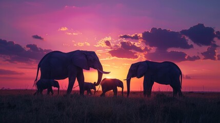 Majestic Elephant Family Silhouettes at Sunset on African Savanna.