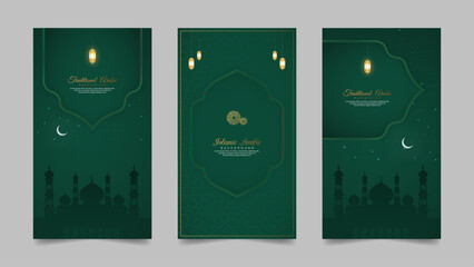 Fototapeta na wymiar Islamic Arabic Realistic Social Media Stories Collection Template with Mosque for Ramadan Kareem and Eid Mubarak