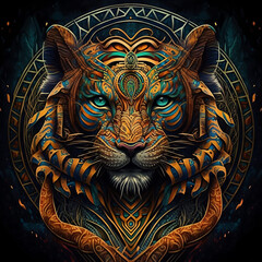 Tiger illustration in symmetry celtic art. Element design. Celtic art of east totem and west style in psychedelic. Fit for apparel, cover, poster, banner, background.