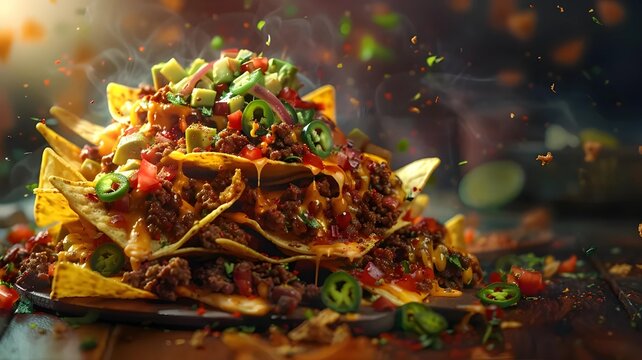Junk Food.Hearty and Spicy Loaded Beef Nachos with Fresh Tomatoes, Jalapenos, and Avocado.