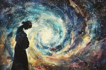 An artistic interpretation of a pregnant woman's silhouette against a backdrop of swirling galaxies and stars, her hands cradling her belly in a gesture of cosmic connection - obrazy, fototapety, plakaty