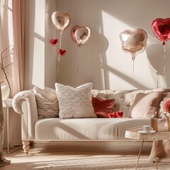 A breathtaking scene in stunning HD, presenting the interior of a light living room transformed for Valentine's Day, adorned with a romantic sofa setting, hearts, and balloons.