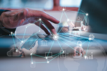 Digital technology, internet network connection, big data, digital marketing IoT internet of things. multi exposure man using digital technology in working lifestyle