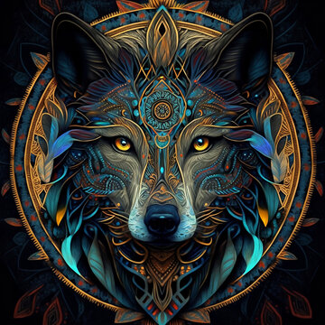 Wolf illustration in symmetry celtic art. Element design. Celtic art of east totem and west style in psychedelic. Fit for apparel, cover, poster, banner, background.