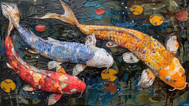 Vibrant hues and energetic brushstrokes converge to depict a koi fish swimming with elegance and grace, surrounded by a whirlwind of colorful paint in an abstract art style.