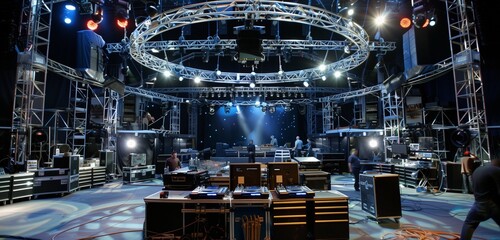 A dynamic scene capturing the setup of a live stage production in a center stage venue, with a circular light truss suspended above.