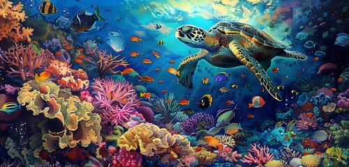 Obraz na płótnie Canvas A breathtaking underwater scene with a majestic turtle gliding gracefully amidst a vibrant group of colorful fish and sea creatures.
