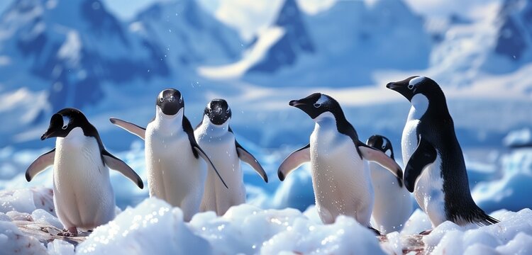 A charming HD image capturing the lively interaction of Adelie penguins, their expressive gestures and animated chatter creating a delightful scene against the icy backdrop of Antarctica.