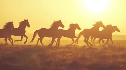 Fototapeta na wymiar Dawn Gallop: Horses in Silhouette Racing Across the Field